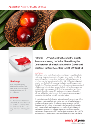 Palm oil UV/Vis spectrophotometric quality assessment along the value chain using the deterioration of bleachability index (DOBI) and carotene content according to ISO 17932:2011 (EN)