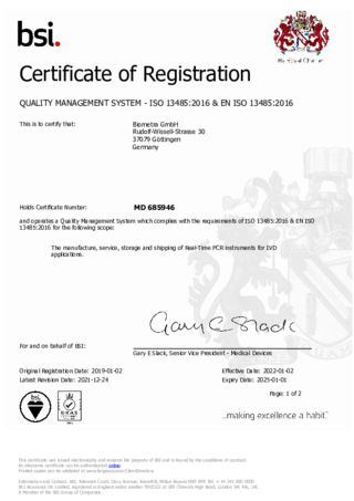 ISO Certificate Biometra GmbH | QMS (MS) – ISO 13485:2016 & EN ISO 13485:2016 Manufacture, service, storage, shipping of Real-time PCR instruments for IVD applications