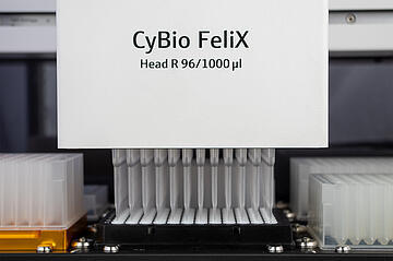 CyBio FeliX with 96 tips eluting sample into a 96 well plate