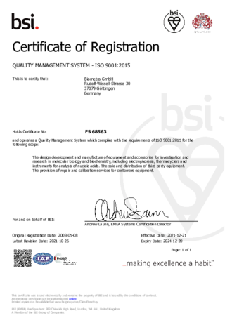 ISO Certificate Biometra GmbH | QMS (FS) which complies with the requirements of ISO 9001:2015 (following scope...)