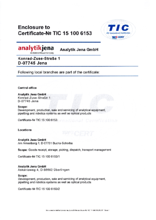 ISO Certificate 9001:2015 Analytik Jena GmbH – Central Office Locations appendix (English)